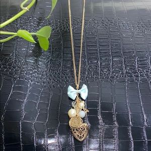 Very Unique Long Gold Tone Charm Necklace W/ Bow